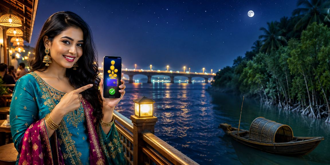 সুন্দরবনের সৈকতে মোবাইলে vip apps - এ ডিপোজিট করছেন একজন পর্যটক
